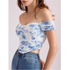 image:imageFloerns Womens Off Shoulder Short Sleeve Ruched Corset Crop Going Out TopBlue and White
