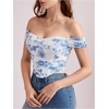 image:imageFloerns Womens Off Shoulder Short Sleeve Ruched Corset Crop Going Out TopBlue and White
