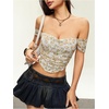 image:imageFloerns Womens Off Shoulder Short Sleeve Ruched Corset Crop Going Out TopLight Yellow Floral