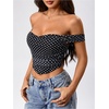image:imageFloerns Womens Off Shoulder Short Sleeve Ruched Corset Crop Going Out TopPolka Dots Black