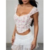 image:imageFloerns Womens Off Shoulder Short Sleeve Ruched Corset Crop Going Out TopWhite Pink Floral