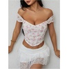 image:imageFloerns Womens Off Shoulder Short Sleeve Ruched Corset Crop Going Out TopWhite Pink Floral