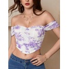 image:imageFloerns Womens Off Shoulder Short Sleeve Ruched Corset Crop Going Out TopWhite and Purple Floral