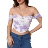 image:imageFloerns Womens Off Shoulder Short Sleeve Ruched Corset Crop Going Out TopWhite and Purple Floral