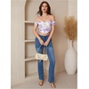 image:imageFloerns Womens Off Shoulder Short Sleeve Ruched Corset Crop Going Out TopWhite and Purple Floral