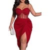 image:imageFloerns Womens Plus Size Shiny Corset Ruched Slit Hem Cocktail DressesRed