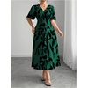 image:imageFloerns Womens Plus Size Tropical Midi Dress Flounce Sleeve V Neck Split A Line Vacation DressesDark Green