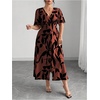 image:imageFloerns Womens Plus Size Tropical Midi Dress Flounce Sleeve V Neck Split A Line Vacation DressesRust Brown