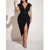 image:imageFloerns Womens Plus Size V Neck Midi Dress Ruffle Sleeve Split Bodycon Cocktail Party DressesBlack