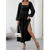 image:imageFloerns Womens Square Neck Lantern Long Sleeve Split Ruched Midi DressesBlack