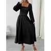 image:imageFloerns Womens Square Neck Lantern Long Sleeve Split Ruched Midi DressesBlack