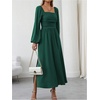 image:imageFloerns Womens Square Neck Lantern Long Sleeve Split Ruched Midi DressesDark Green