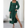 image:imageFloerns Womens Square Neck Lantern Long Sleeve Split Ruched Midi DressesDark Green