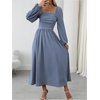 image:imageFloerns Womens Square Neck Lantern Long Sleeve Split Ruched Midi DressesDusty Blue
