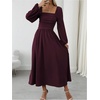 image:imageFloerns Womens Square Neck Lantern Long Sleeve Split Ruched Midi DressesMaroon