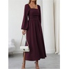 image:imageFloerns Womens Square Neck Lantern Long Sleeve Split Ruched Midi DressesMaroon