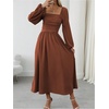 image:imageFloerns Womens Square Neck Lantern Long Sleeve Split Ruched Midi DressesRust Brown