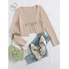 image:imageFloerns Womens Tie Front Long Sleeve Ribbed Knit Shrug Cardigan Crop TopA Khaki