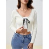 image:imageFloerns Womens Tie Front Long Sleeve Ribbed Knit Shrug Cardigan Crop TopLace White