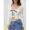 image:imageFloerns Womens Tie Front Long Sleeve Ribbed Knit Shrug Cardigan Crop TopLace White