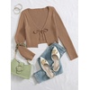 image:imageFloerns Womens Tie Front Long Sleeve Ribbed Knit Shrug Cardigan Crop TopLight Brown