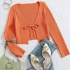 image:imageFloerns Womens Tie Front Long Sleeve Ribbed Knit Shrug Cardigan Crop TopOrange