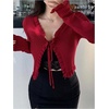 image:imageFloerns Womens Tie Front Long Sleeve Ribbed Knit Shrug Cardigan Crop TopRed Solid