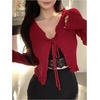 image:imageFloerns Womens Tie Front Long Sleeve Ribbed Knit Shrug Cardigan Crop TopRed Solid