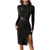 image:imageFloerns Womens Contrast Mesh Long Sleeve Bodycon Dress Slit Hem Mock Neck Pencil DressBlack