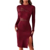 image:imageFloerns Womens Contrast Mesh Long Sleeve Bodycon Dress Slit Hem Mock Neck Pencil DressBurgundy