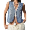 image:imageFloerns Womens Embroidery Cowgirl Vest Tie Front Waistcoat Vest JacketsBlue