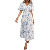 image:imageFloerns Womens Floral Deep V Neck Long Dress Summer Short Sleeve Smocked A Line Vacation DressesBlue and White Floral