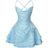image:imageFloerns Womens Floral Jacquard Draped Mini Dress Sleeveless Lace Up Backless Tiered A Line DressesBlue