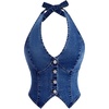 image:imageFloerns Womens Halter Denim Tank Top Button Down Backless Jean Crop TopsDark Wash