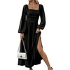 image:imageFloerns Womens Square Neck Lantern Long Sleeve Split Ruched Midi DressesBlack
