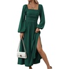 image:imageFloerns Womens Square Neck Lantern Long Sleeve Split Ruched Midi DressesDark Green