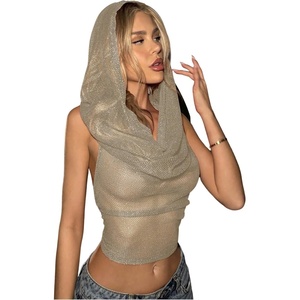 image:imageFloerns Rave Outfits for Women Backless Hoodie Draped Halter Tank TopsKhaki Mesh