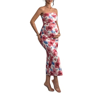 image:imageFloerns Women Floral Strapless Bodycon Long Maternity Wedding Guest DressesBurgundy Floral