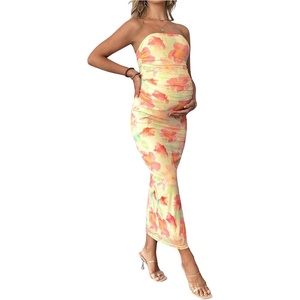 image:imageFloerns Women Floral Strapless Bodycon Long Maternity Wedding Guest DressesOrange Pink Floral