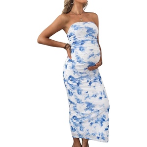 image:imageFloerns Women Floral Strapless Bodycon Long Maternity Wedding Guest DressesWhite Blue Tie Dye