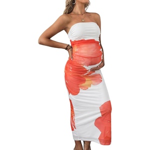image:imageFloerns Women Floral Strapless Bodycon Long Maternity Wedding Guest DressesWhite Orange Floral