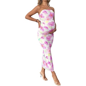 image:imageFloerns Women Floral Strapless Bodycon Long Maternity Wedding Guest DressesWhite Purple Floral