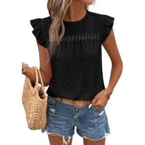 image:imageFloerns Womens Boho Eyelet Embroidery Ruffle Cap Sleeve T ShirtBlack a
