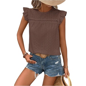 image:imageFloerns Womens Boho Eyelet Embroidery Ruffle Cap Sleeve T ShirtBrown