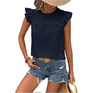 image:imageFloerns Womens Boho Eyelet Embroidery Ruffle Cap Sleeve T ShirtDark Blue