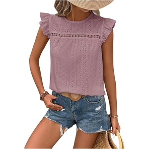 image:imageFloerns Womens Boho Eyelet Embroidery Ruffle Cap Sleeve T ShirtDusty Pink