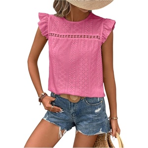 image:imageFloerns Womens Boho Eyelet Embroidery Ruffle Cap Sleeve T ShirtHot Pink