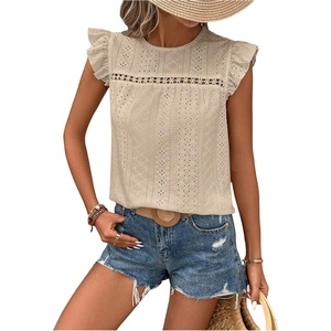 image:imageFloerns Womens Boho Eyelet Embroidery Ruffle Cap Sleeve T ShirtLight Apricot
