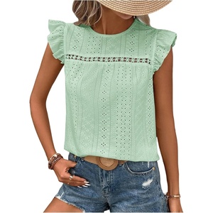 image:imageFloerns Womens Boho Eyelet Embroidery Ruffle Cap Sleeve T ShirtLight Green