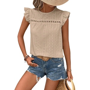 image:imageFloerns Womens Boho Eyelet Embroidery Ruffle Cap Sleeve T ShirtLight Khaki
